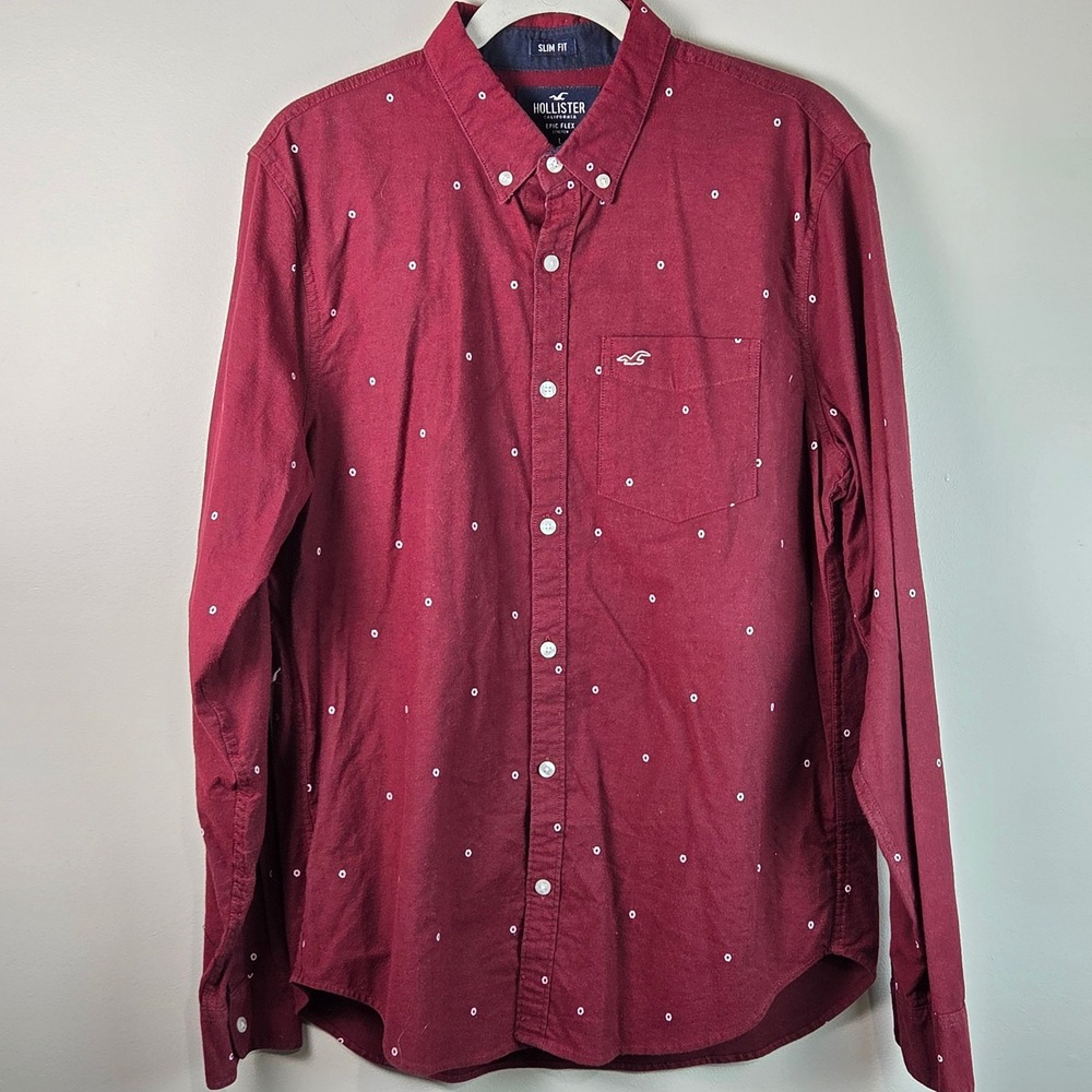Hollister Button Down Mens Large Burgundy Excellent Slim Fit Epic Flex Geometric
